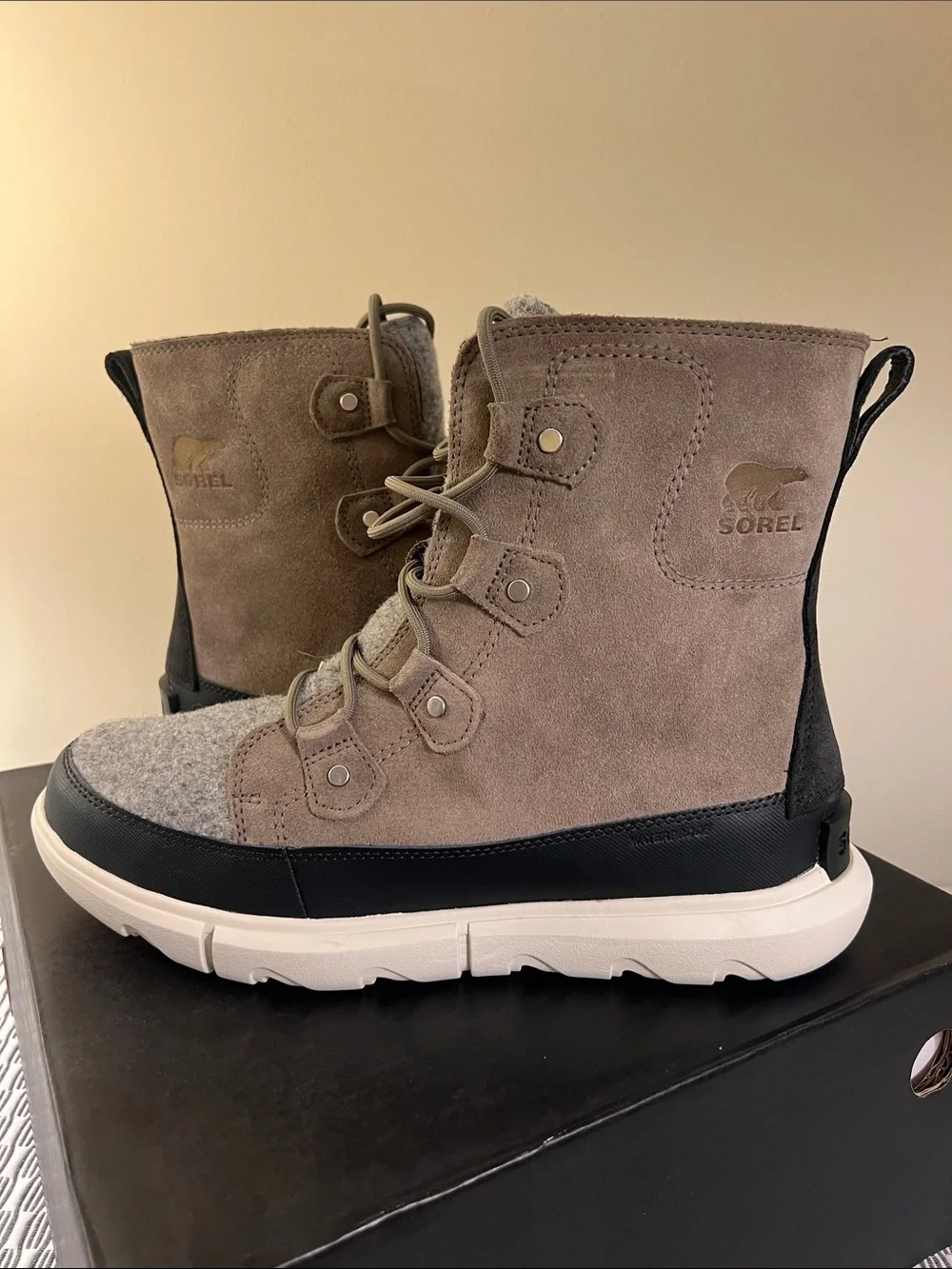 Sorel Taupe Suede and Grey Wool Lace-Up Winter Boots